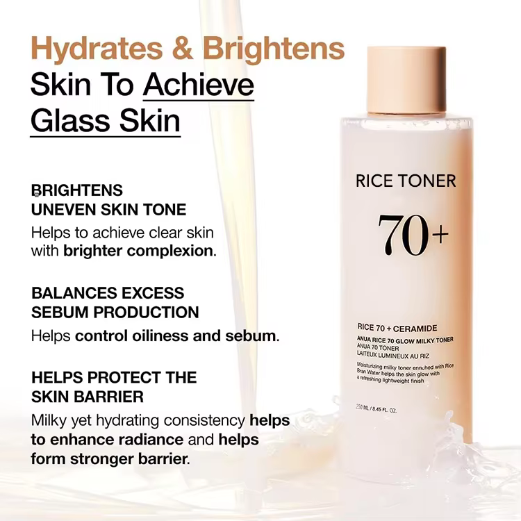 Custom Label Rice Glow Milky Toner with Niacin-amide Ceramide for Glowing Skin Non Comedogenic, Fungal Acne Safe Rice Water