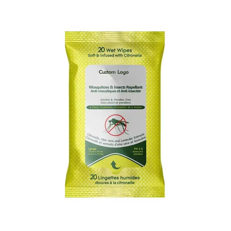 Private Label Bug Wipes Repellent 100% Biodegradable Plant Based Bamboo Mosquito Repellent Camping Bug Insect Repellent Wipes