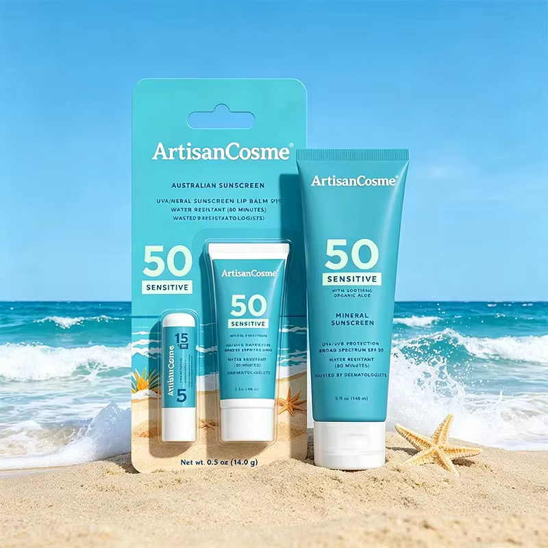 Custom Logo Fragrance-Free Sensitive Skin Sun Kit: Water Resistant SPF 50+ & Lip Protection