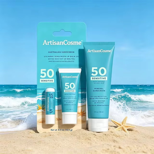 Custom Logo Fragrance-Free Sensitive Skin Sun Kit: Water Resistant SPF 50+ & Lip Protection