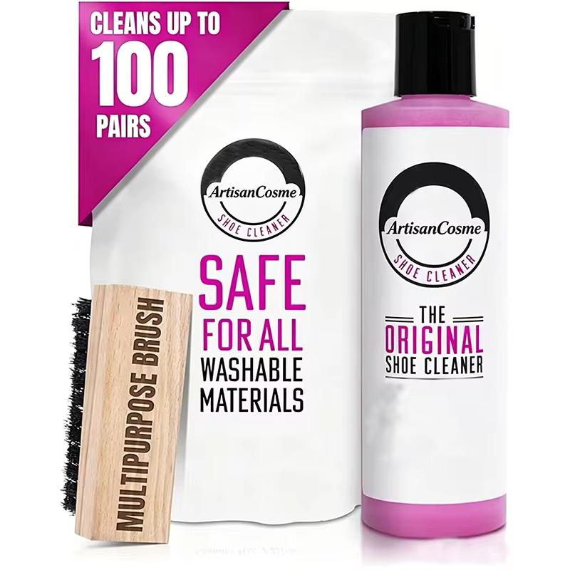 Custom Logo Shoe Cleaning Kit, with bottle and brush, for cleaning leather, white, suede, and nubuck sneakers.