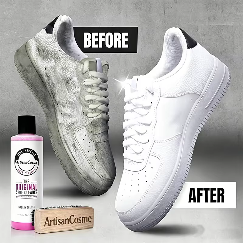 Custom Logo Shoe Cleaning Kit, with bottle and brush, for cleaning leather, white, suede, and nubuck sneakers.