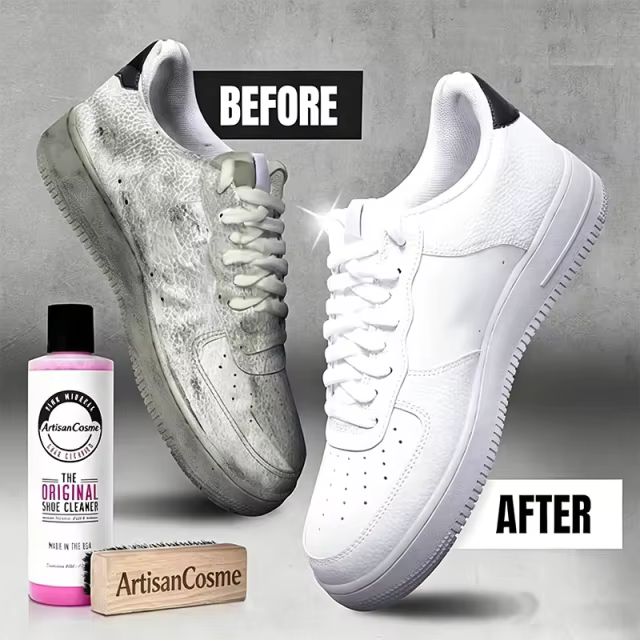Custom Logo Shoe Cleaning Kit, with bottle and brush, for cleaning leather, white, suede, and nubuck sneakers.