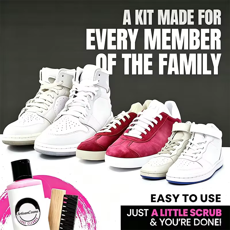 Custom Logo Shoe Cleaning Kit, with bottle and brush, for cleaning leather, white, suede, and nubuck sneakers.