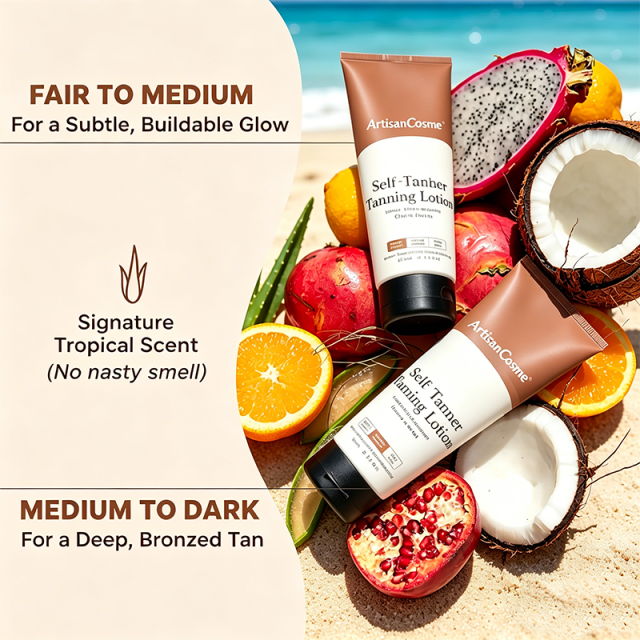 Custom Logo Natural Organic Self-Tanning Lotion Aloe Coconut, Streak-Free Natural Glow, Medium-Dark Tone