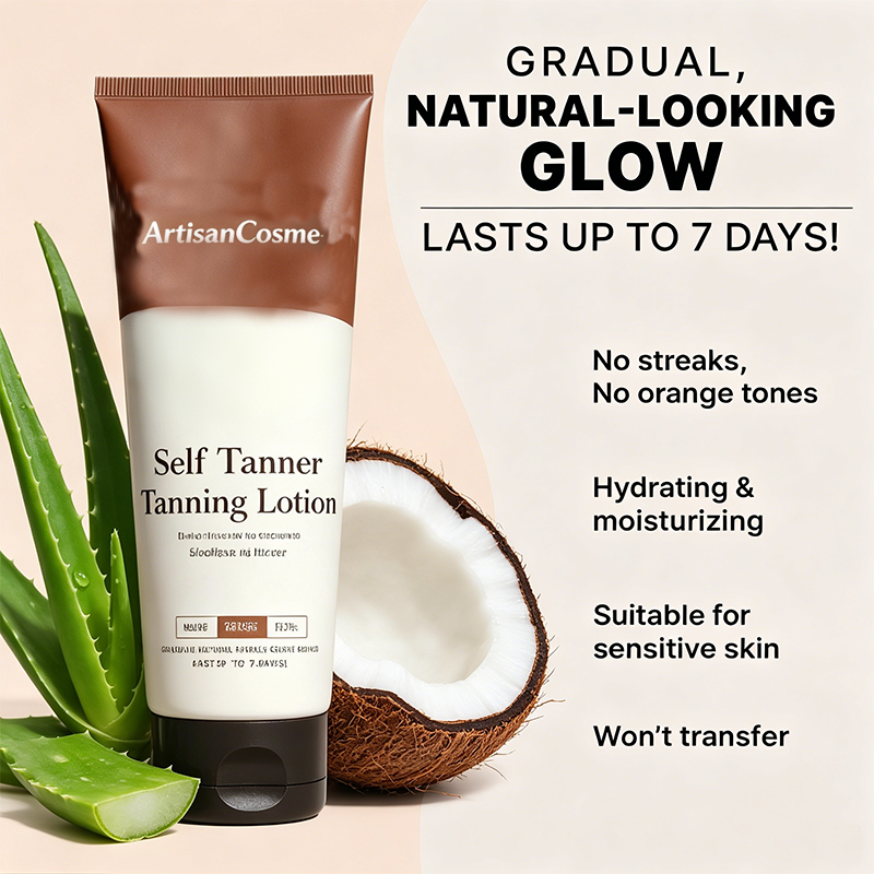 Custom Logo Natural Organic Self-Tanning Lotion Aloe Coconut, Streak-Free Natural Glow, Medium-Dark Tone