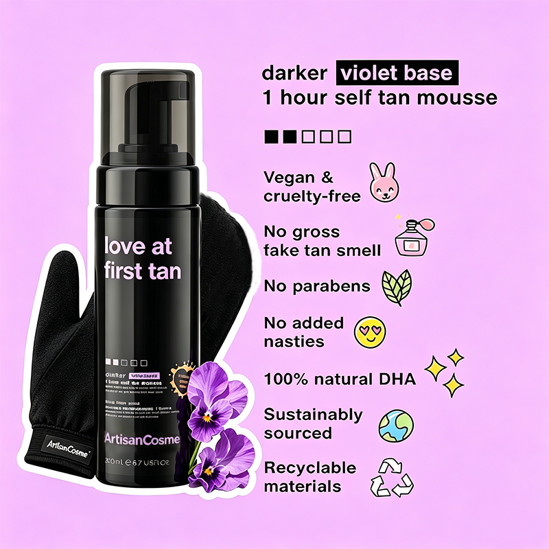 Custom Logo Violet Dark Self Tanner Mousse Kit with Applicator Mitt, 1Hr Express Vegan 6.7oz