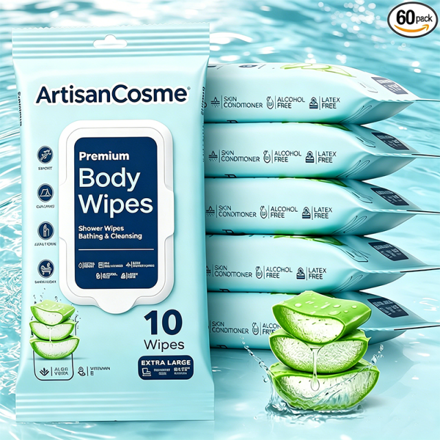 Custom Logo 60 Extra Large No-Rinse Body Shower Wipes, Aloe Vitamin E Moist, 6 Packs*10 for Travel Gym Bedridden Camping