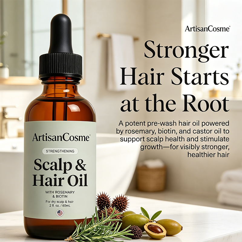 Custom Logo Rosemary Hair Growth Oil 60mL, Castor Biotin Jojoba Blend, Lavender Scent, Strengthen Scalp Shine Hair Care Gift
