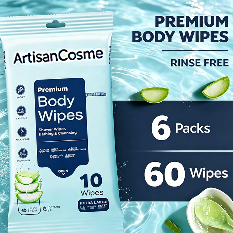 Custom Logo 60 Extra Large No-Rinse Body Shower Wipes, Aloe Vitamin E Moist, 6 Packs*10 for Travel Gym Bedridden Camping