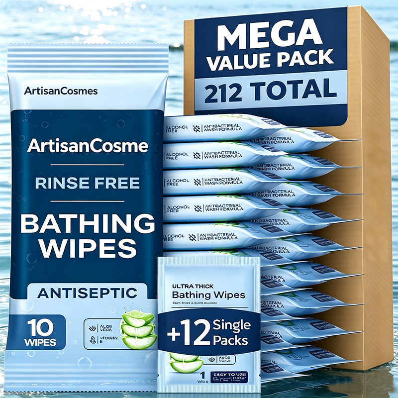 Custom Logo Microwavable No-Rinse Ultra Thick Body Wipes with Aloe Vitamin E, 20 Packs Total 200 Count