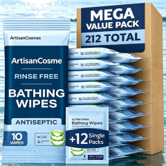 Custom Logo Microwavable No-Rinse Ultra Thick Body Wipes with Aloe Vitamin E, 20 Packs Total 200 Count