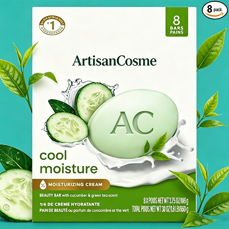 Custom Logo 8 Pack Cucumber Green Tea Moisturizing Beauty Soap Bars 3.75oz Refreshing Skin Cleansing Bar