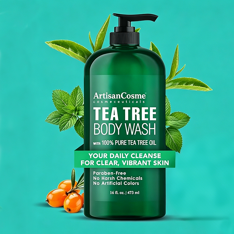 Custom Logo 16oz Tea Tree Body Wash Set with Dual Sided Silicone Body Scrub Brush Paraben Free Cleanser