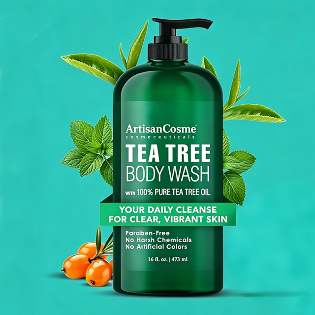 Custom Logo 16oz Tea Tree Body Wash Set with Dual Sided Silicone Body Scrub Brush Paraben Free Cleanser