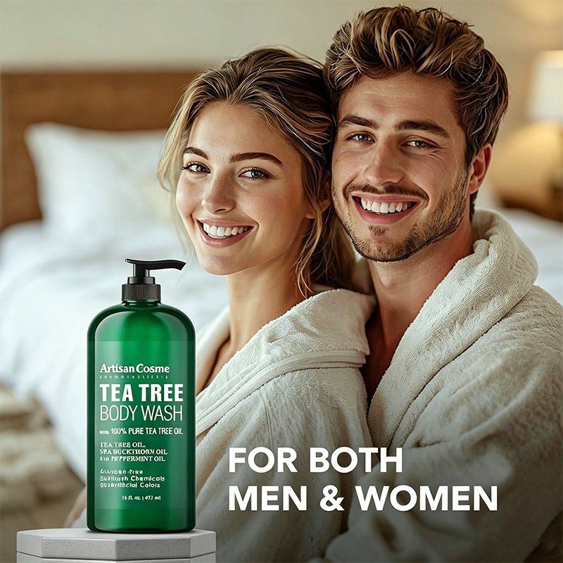 Custom Logo 16oz Tea Tree Body Wash Set with Dual Sided Silicone Body Scrub Brush Paraben Free Cleanser