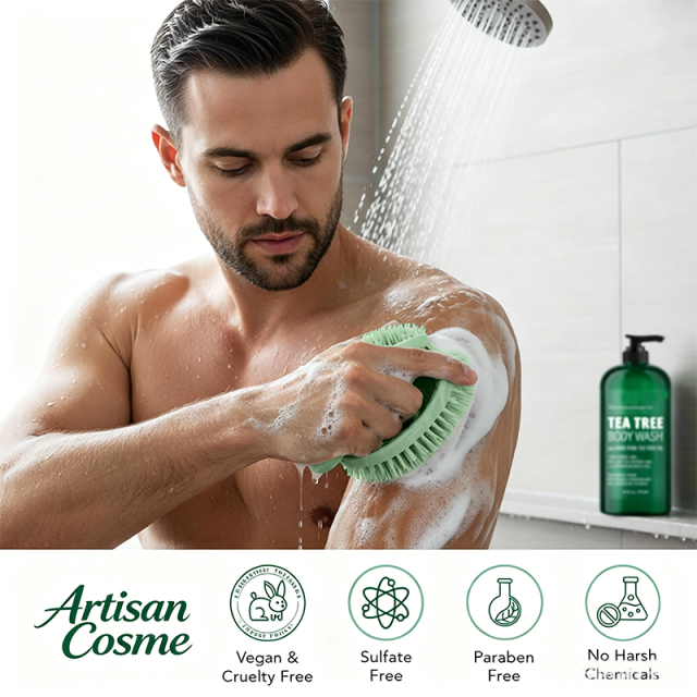 Custom Logo 16oz Tea Tree Body Wash Set with Dual Sided Silicone Body Scrub Brush Paraben Free Cleanser