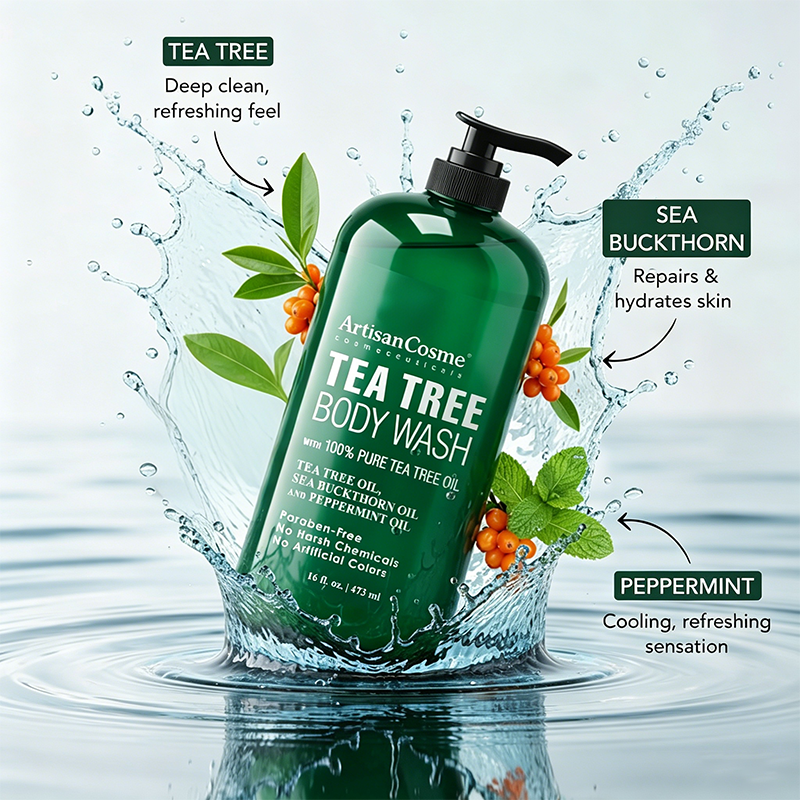 Custom Logo 16oz Tea Tree Body Wash Set with Dual Sided Silicone Body Scrub Brush Paraben Free Cleanser