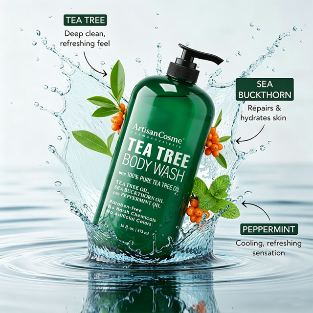Custom Logo 16oz Tea Tree Body Wash Set with Dual Sided Silicone Body Scrub Brush Paraben Free Cleanser