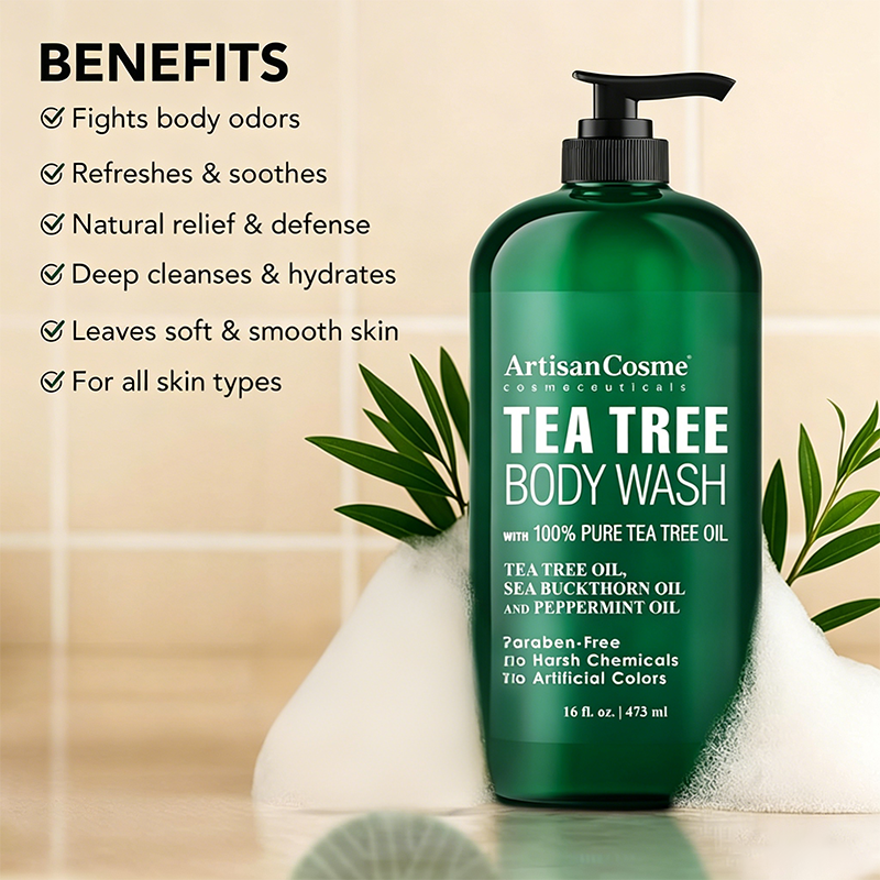 Custom Logo 16oz Tea Tree Body Wash Set with Dual Sided Silicone Body Scrub Brush Paraben Free Cleanser