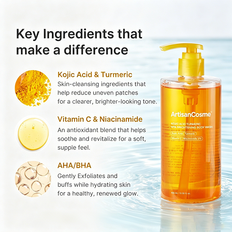 Custom Logo 13.52 Fl.oz Kojic Acid Turmeric Brightening Body Wash Niacinamide VC AHA BHA Hydrating Cleanser for Uneven Skin Tone