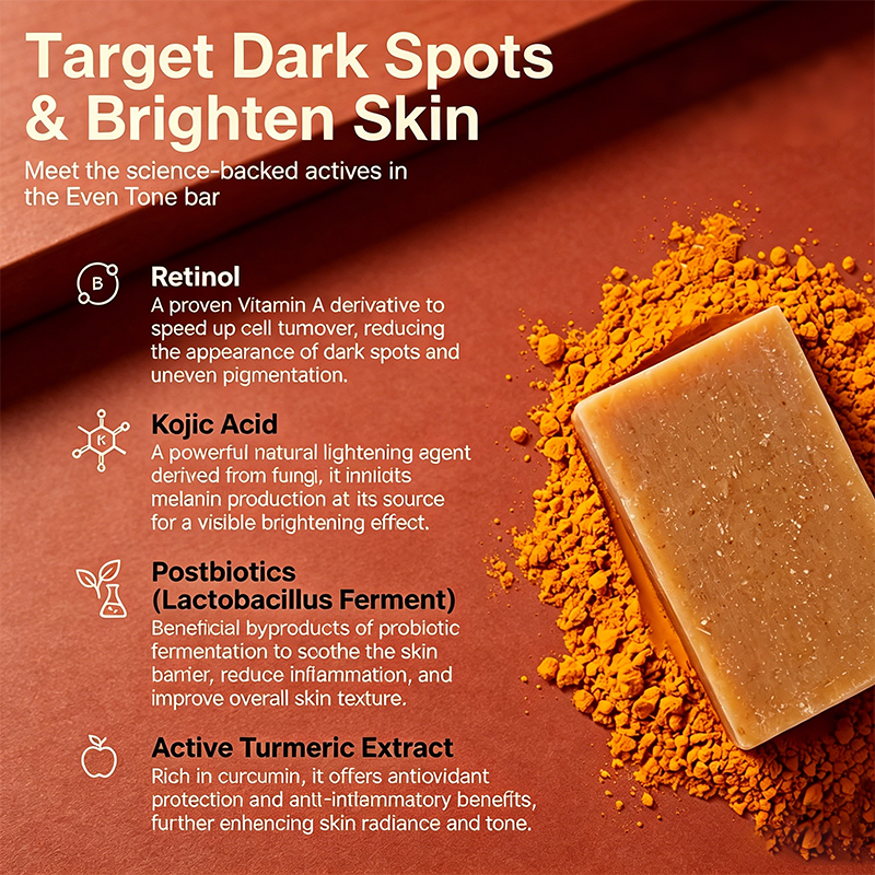Custom Logo Organic Cold Pressed Kojic Acid Soap Bar with Retinol Turmeric & Postbiotics for Skin Brightening