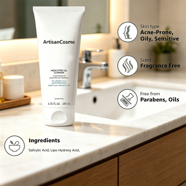 Custom Logo Foaming Medicated Gel Cleanser with 2% Salicylic Acid, LHA & Glycerin, Controls Excess Oil, Clears & Prevents Acne