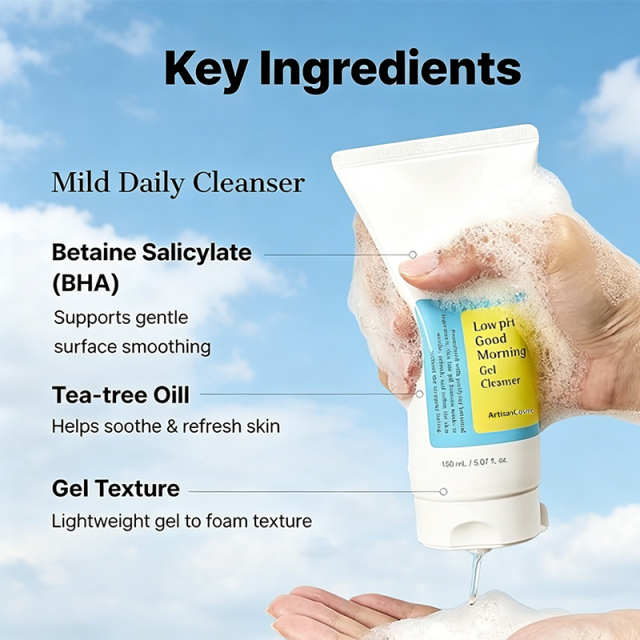 Custom Logo 5.07 Fl oz Low pH BHA Morning Gel Cleanser pH Balancing Gentle Wash for Sensitive Skin