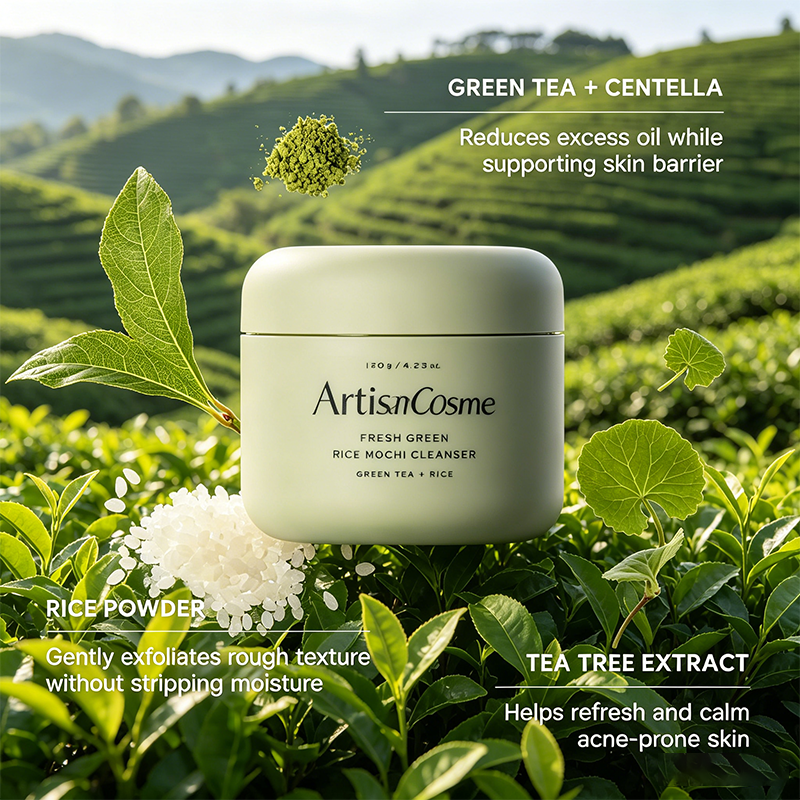 Custom Logo Rice Mochi 2-in-1 Gentle Scrub Face Cleanser with Rice Water&Green Tea Deep Clean Minimize Pores Remove Blackheads