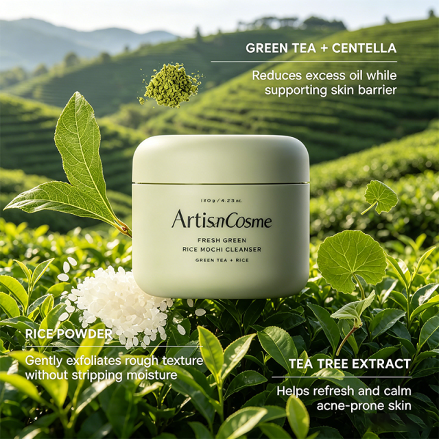 Custom Logo Rice Mochi 2-in-1 Gentle Scrub Face Cleanser with Rice Water&Green Tea Deep Clean Minimize Pores Remove Blackheads