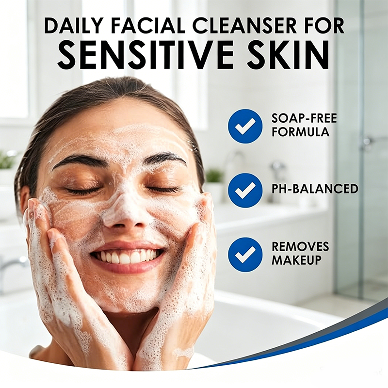 Custom Logo 8 Fl oz Gentle Sensitive Skin Facial Cleanser with Pump Dispenser, Free From Common Skin Irritants