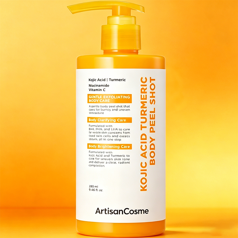 Custom Logo 9.46 fl oz Kojic Acid Turmeric Body Peel Shot BHA LHA PHA Exfoliating Brightening Serum