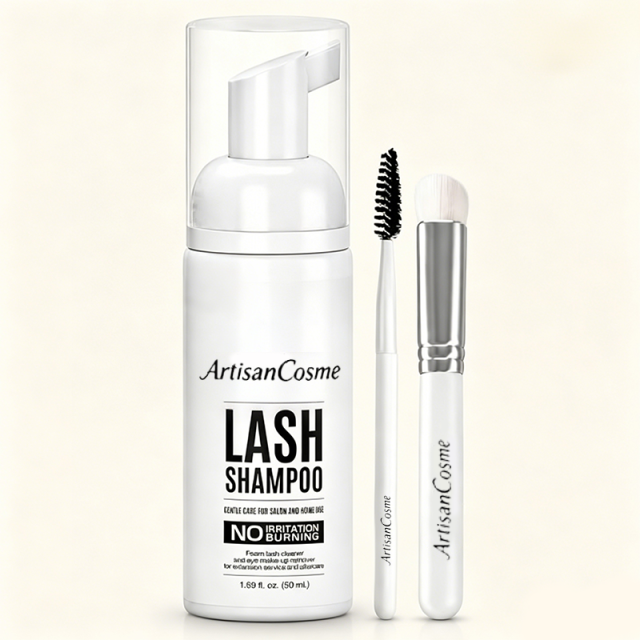 Custom Logo 50ml Eyelash Extension Foaming Cleanser Shampoo with Brush, Safe for Lash Extensions & Natural Lashes, Home & Professional Use