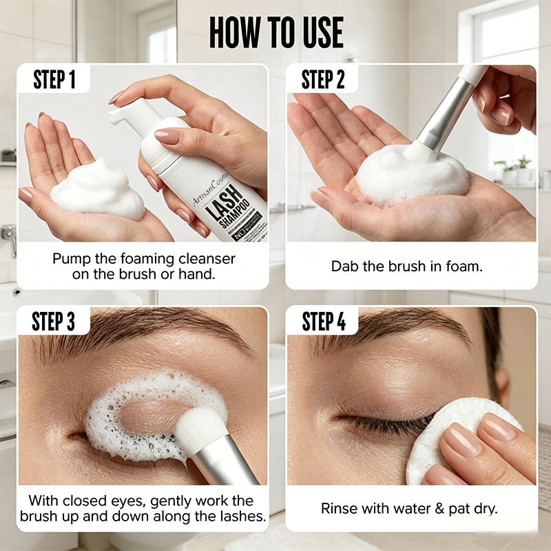 Custom Logo 50ml Eyelash Extension Foaming Cleanser Shampoo with Brush, Safe for Lash Extensions & Natural Lashes, Home & Professional Use