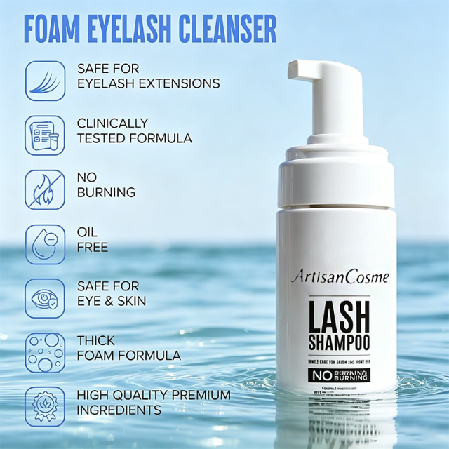 Custom Logo 50ml Eyelash Extension Foaming Cleanser Shampoo with Brush, Safe for Lash Extensions & Natural Lashes, Home & Professional Use