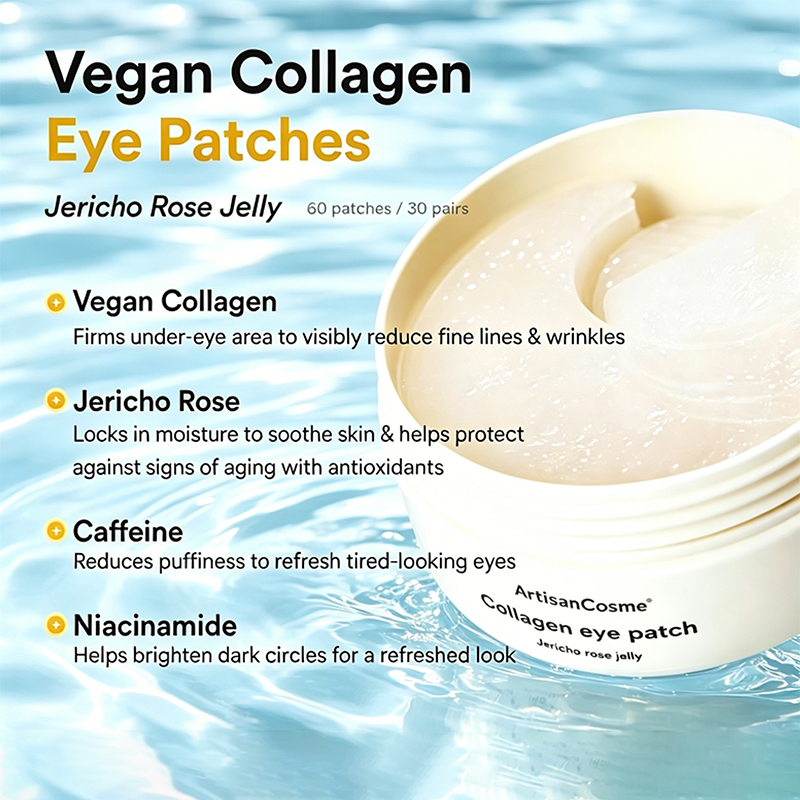 Custom Logo 60 Count Vegan Collagen Eye Patches with Jericho Rose Jelly & Peptides, Anti-Aging for Wrinkles & Fine Lines