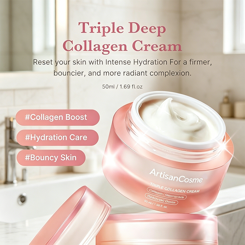 Custom Logo 1.69 oz Triple Collagen Firming Moisturizer Cream with Hyaluronic Acid, Elastin & Shea Butter, Anti-Wrinkle Hydrating Cream to Boost Skin Elasticity