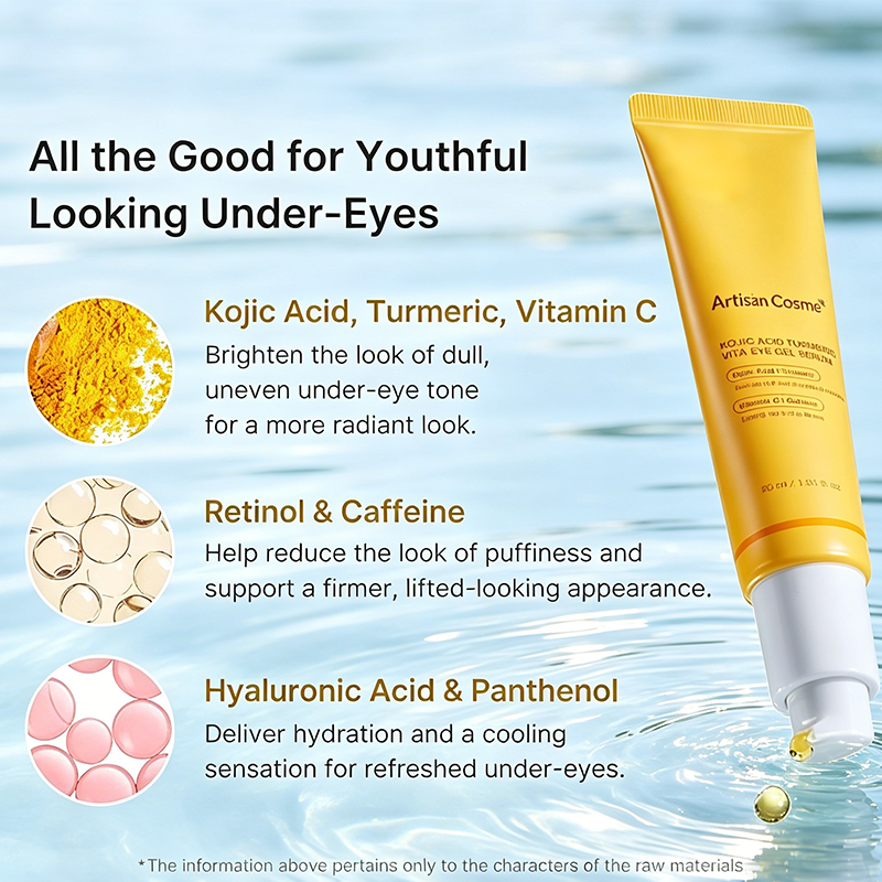 Custom Logo Kojic Acid & Turmeric Brightening Eye Serum, Infused Vitamin C, Retinol & Caffeine, Under Eye Gel