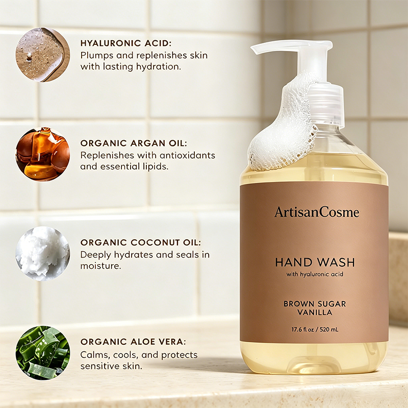Custom Logo 17.6 oz Grapefruit Bergamot Hand Cleanser, Moisturizing Wash with Olive Oil, Aloe Vera, Glycerin and Hyaluronic‑Acid, Vegan Formula for Soft Nourished Hands