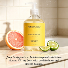 Custom Logo 17.6 oz Grapefruit Bergamot Hand Cleanser, Moisturizing Wash with Olive Oil, Aloe Vera, Glycerin and Hyaluronic‑Acid, Vegan Formula for Soft Nourished Hands