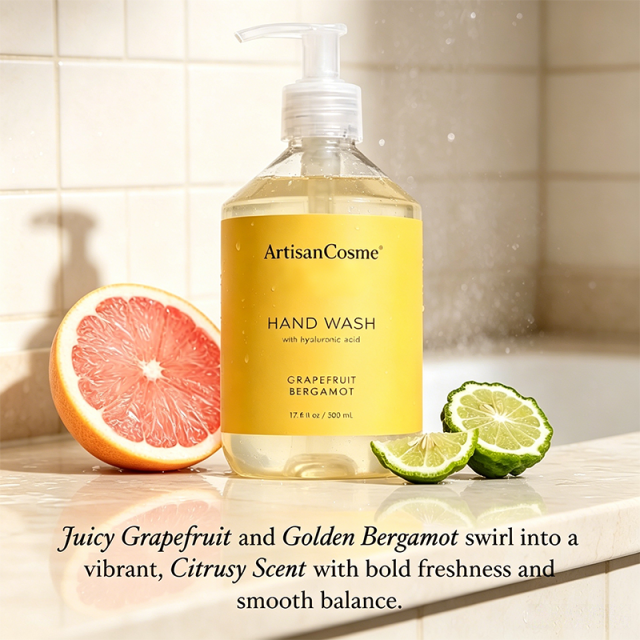 Custom Logo 17.6 oz Grapefruit Bergamot Hand Cleanser, Moisturizing Wash with Olive Oil, Aloe Vera, Glycerin and Hyaluronic‑Acid, Vegan Formula for Soft Nourished Hands
