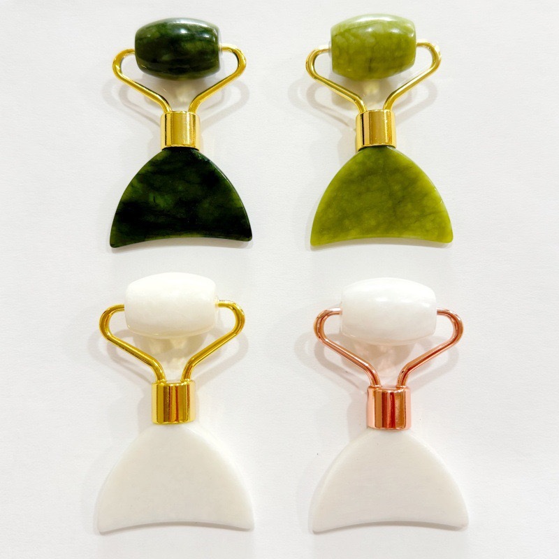 Natural Jade Roller Gua Sha Tool 2-in-1 Facial Massage Roller with Scraping Board for Face and Eyes