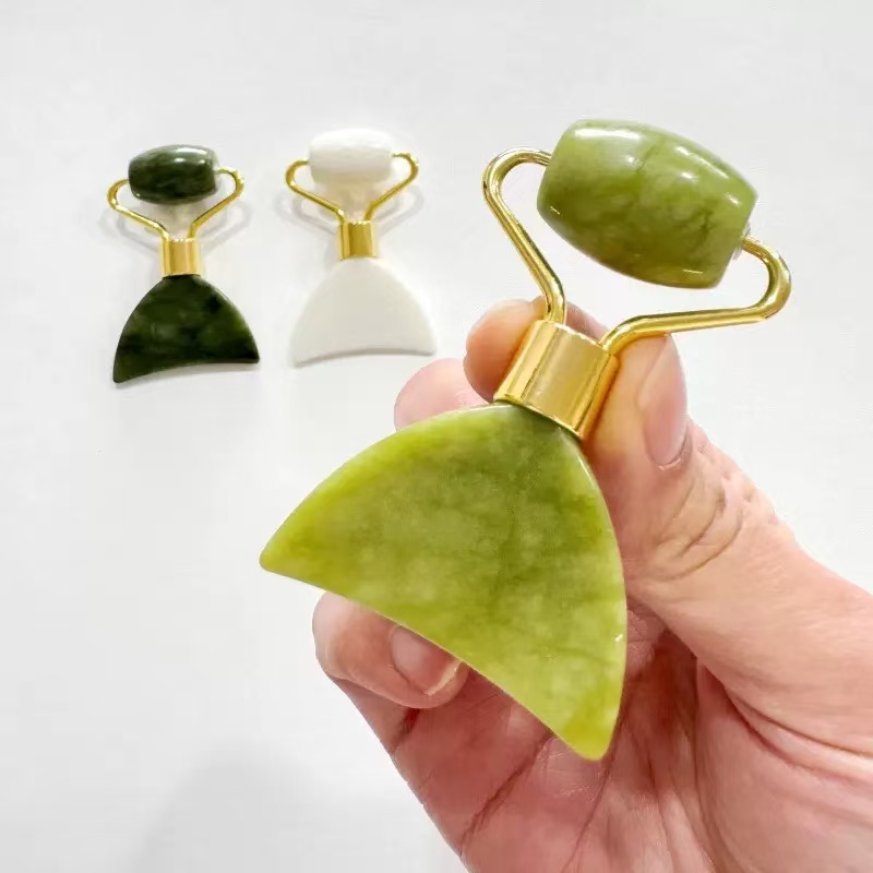 Natural Jade Roller Gua Sha Tool 2-in-1 Facial Massage Roller with Scraping Board for Face and Eyes