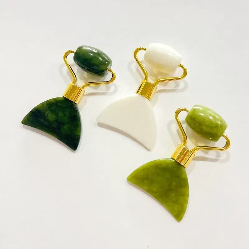 Natural Jade Roller Gua Sha Tool 2-in-1 Facial Massage Roller with Scraping Board for Face and Eyes