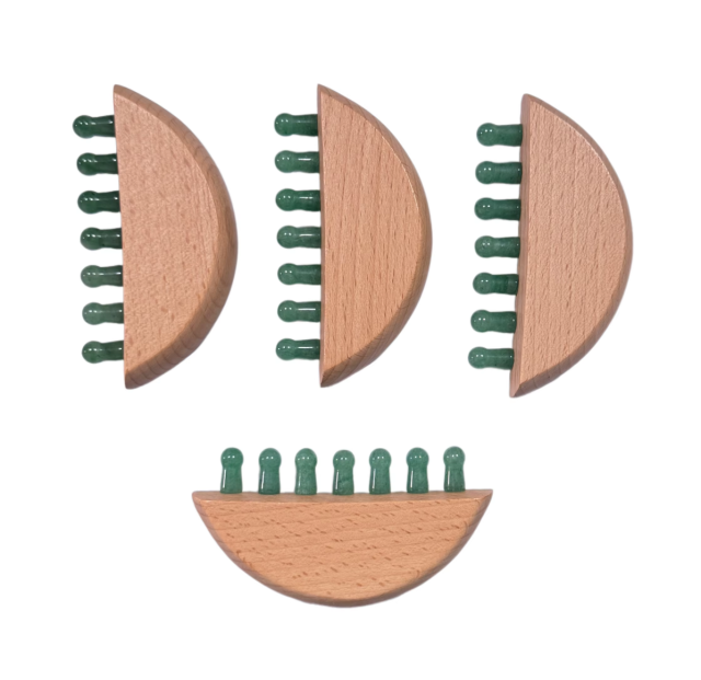 Wooden Handle Green Aventurine Jade Teeth Scalp Care Meridian Comb for Stress Relief