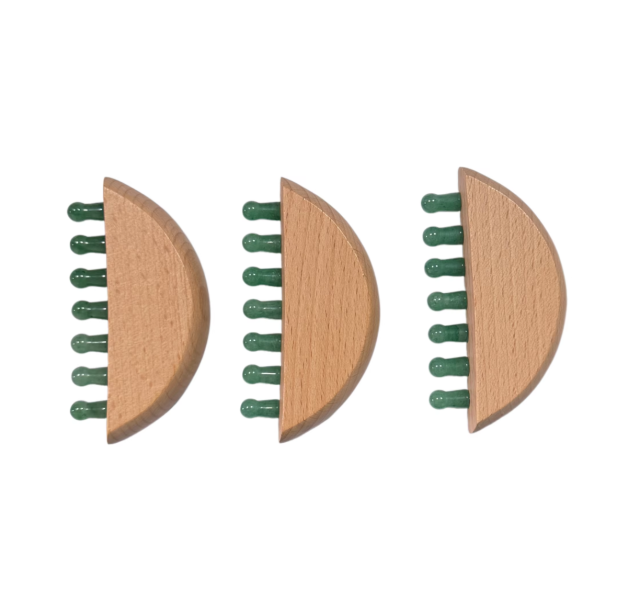 Wooden Handle Green Aventurine Jade Teeth Scalp Care Meridian Comb for Stress Relief