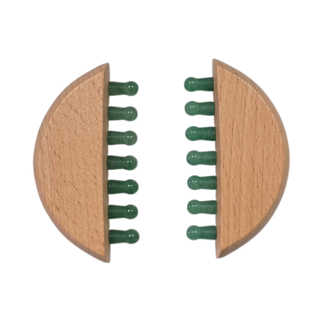 Wooden Handle Green Aventurine Jade Teeth Scalp Care Meridian Comb for Stress Relief