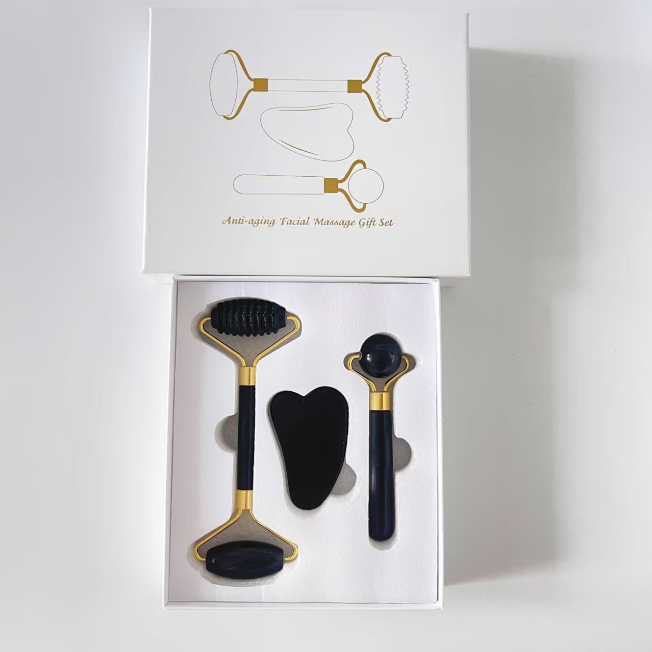 black obsidian stone wrinkle removal face up skin care kit gua sha roller set for face