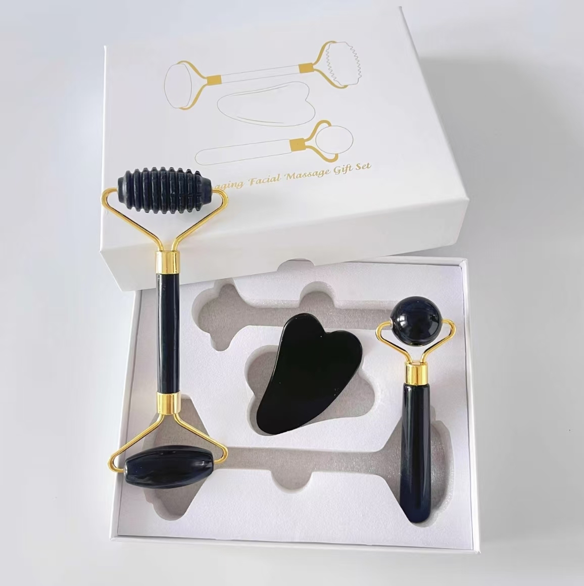 black obsidian stone wrinkle removal face up skin care kit gua sha roller set for face