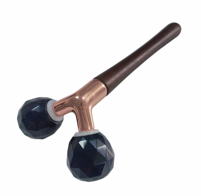 Y shaped double ball black obsidian cooling gemstone Faceted Cut face rolling massager